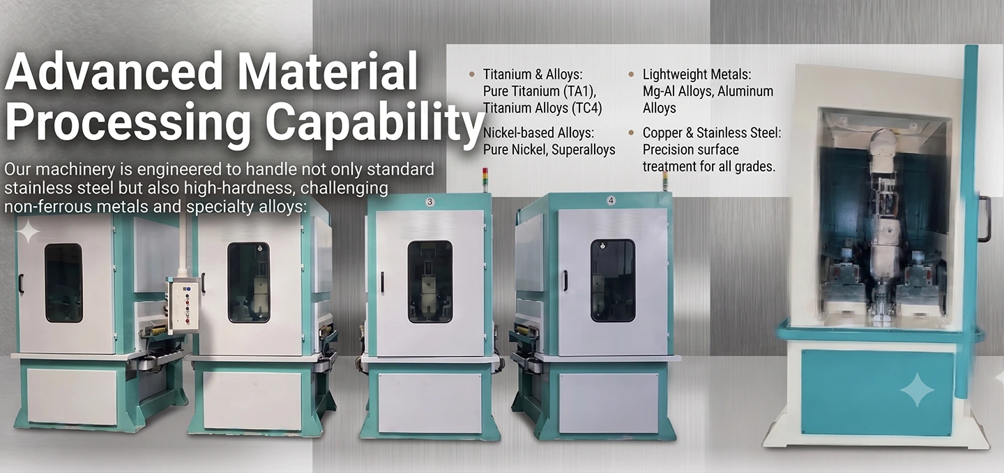 Glory Machinery industrial polishing and grinding machines lined up, showcasing advanced material processing capabilities for high-hardness Titanium (TA1/TC4), nickel-based alloys, and stainless steel surface treatment.