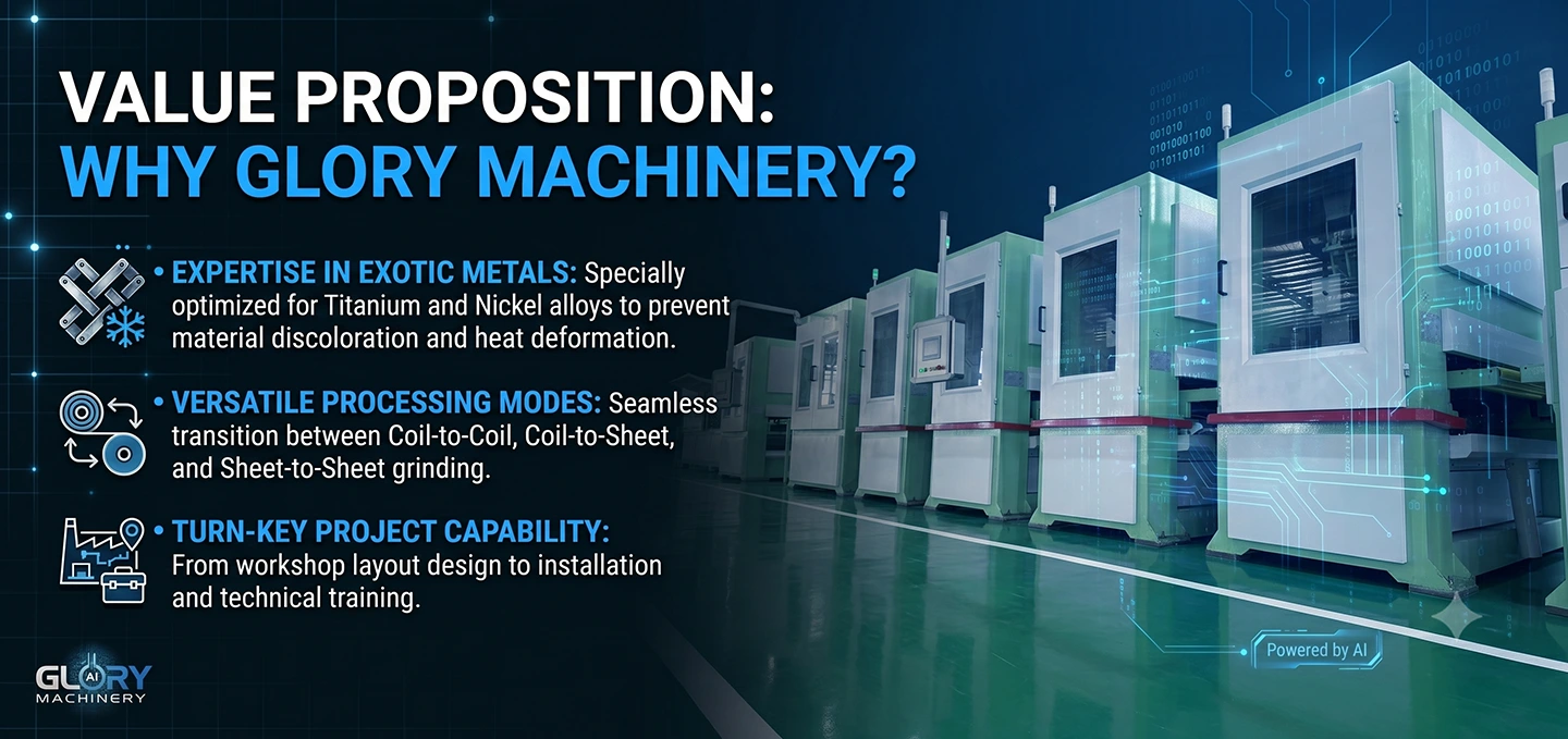 Glory Machinery CNC grinding and polishing production line for exotic metals in a modern smart factory.