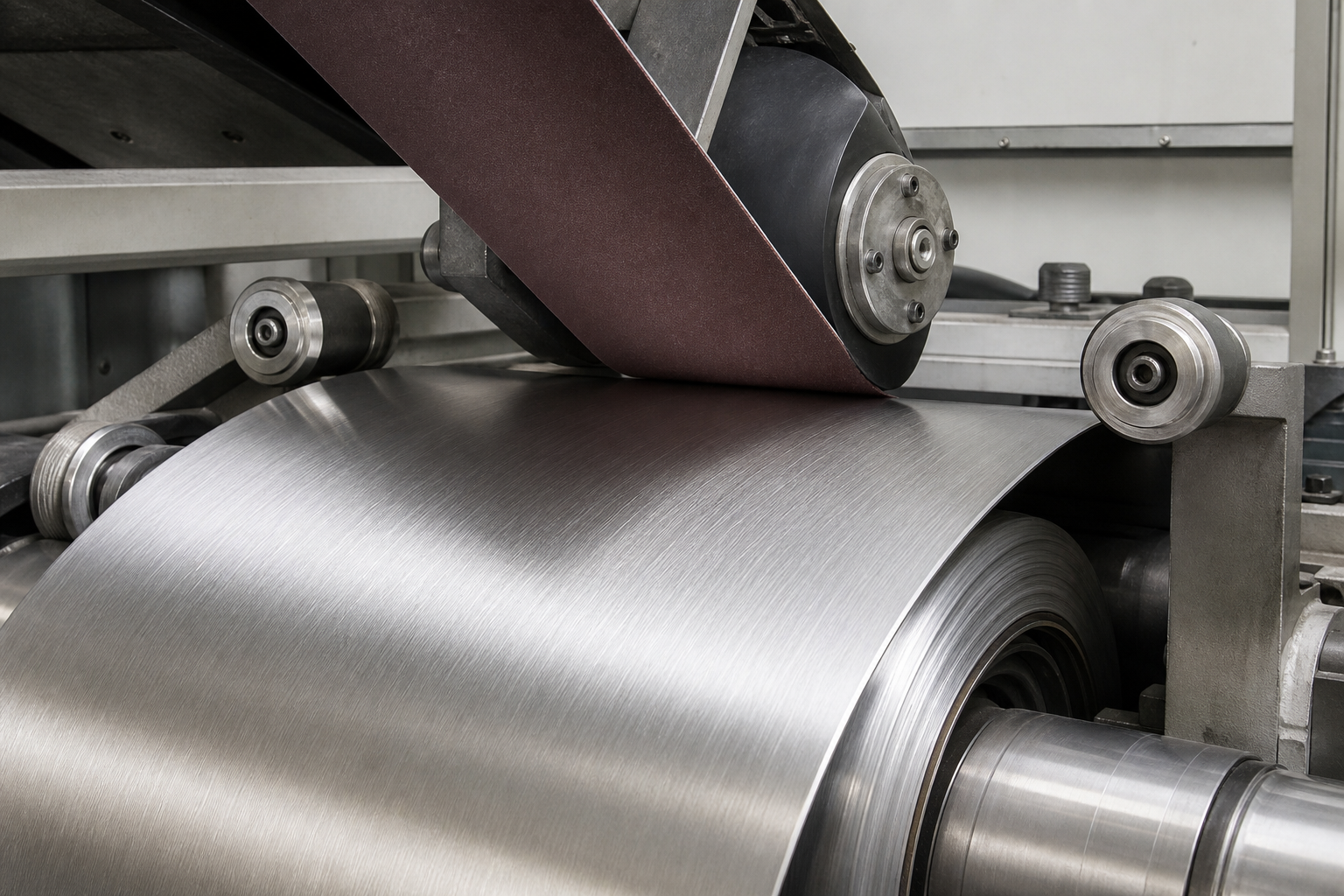 Abrasive belt contacting a stainless steel coil to create a controlled directional finish