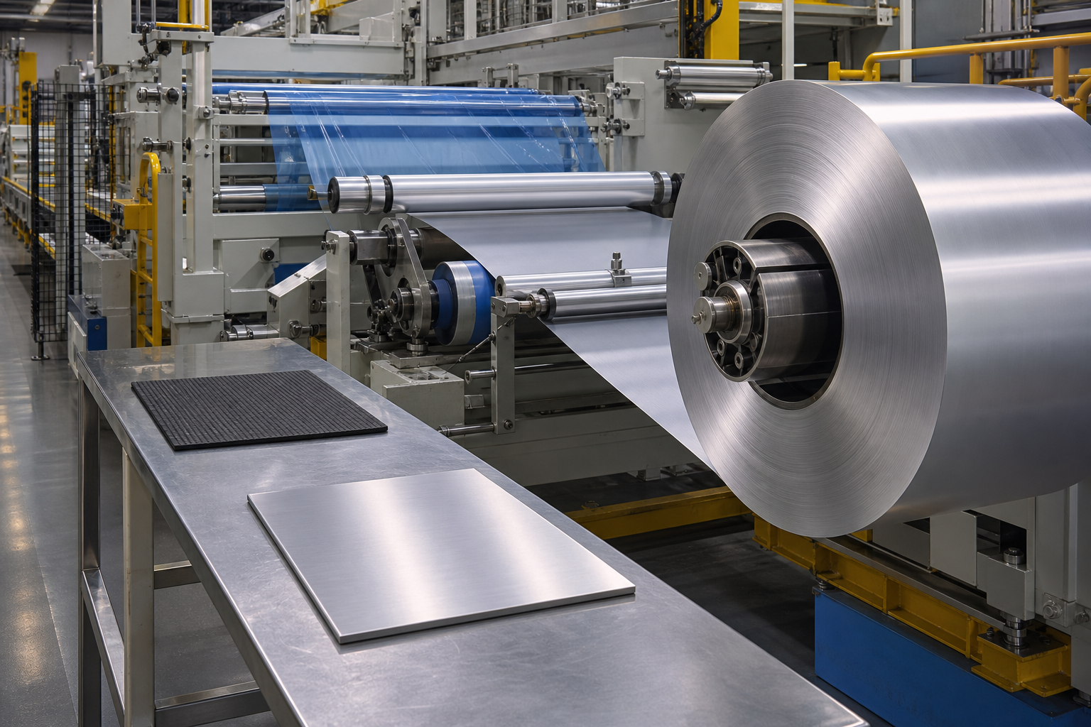 Satin-finished stainless steel coil at a generic inspection and protective-film station