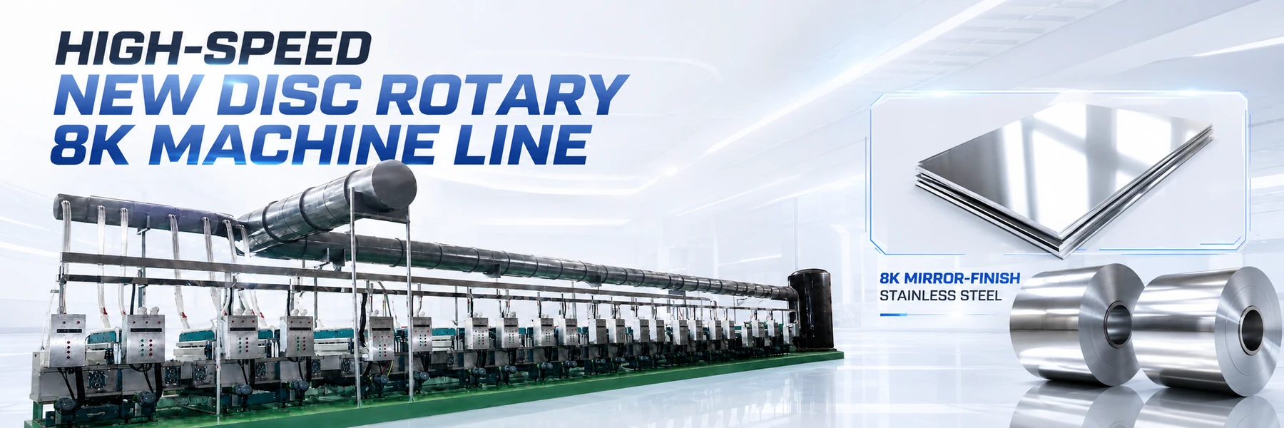Wide overview of rotary disc 8K mirror polishing machine line